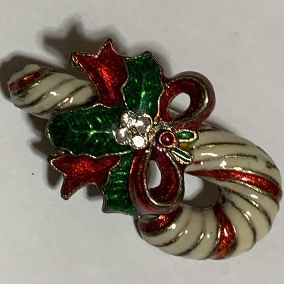 Christmas Vintage Enameled gold tone Candy Cane Pin Brooch - Picture 2 of 5